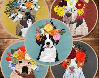 Dog Embroidery Kit For Beginner | Animal Modern Embroidery Kit with Pattern | Flowers Embroidery Full Kit with Hoop| DIY Craft Kit gift for