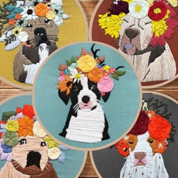 Dog Embroidery Kit For Beginner | Animal Modern Embroidery Kit with Pattern | Flowers Embroidery Full Kit with Hoop| DIY Craft Kit gift for