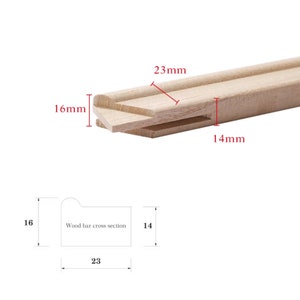 May include: A close-up of a wooden frame for a canvas. The frame is made of three pieces of wood that are joined together. The frame is 16 mm wide, 14 mm thick, and 23 mm deep. The wood bar cross section is shown in a diagram.