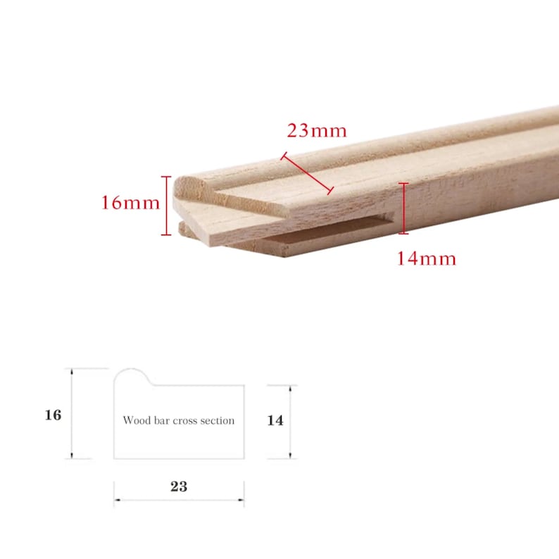 May include: A close-up of a wooden frame for a canvas. The frame is made of three pieces of wood that are joined together. The frame is 16 mm wide, 14 mm thick, and 23 mm deep. The wood bar cross section is shown in a diagram.