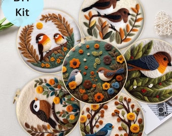 Needle felting kit bird Wool Felting, beginner needlepoint kit, DIY craft kit, modern felting painting, animal wool roving, gift for her him