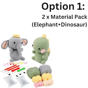 May include: Option 1: 2 x Material Pack (Elephant+Dinosaur) Crochet kit with two yarn balls, two skeins of yarn, two crochet hooks, two plastic bags, and two small plastic containers.
