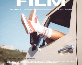 Op de afbeelding: Een grafisch ontwerp in vintage stijl voor een set van 10 film presets. Het ontwerp toont een paar rood-wit geblokte Vans sneakers die uit een autoruit steken. De tekst "FILM" staat in grote witte letters bovenaan het ontwerp. De tekst "10 PRESETS" staat in kleinere witte letters onder het woord "FILM". De tekst "ERIN'S PRESETS" staat in kleinere witte letters rechtsboven in het ontwerp. De tekst "7 FILM PRESETS AND 3 FLASH FILM PRESETS" staat in kleinere witte letters onderaan het ontwerp. De tekst "NO FILM CAMERA NO PROBLEM APPLY THESE FILTERS TO ANY OF YOUR PICTURES TO ACHIEVE A FILM INSPIRED PHOTOGRAPH." staat in kleinere witte letters onderaan het ontwerp.
