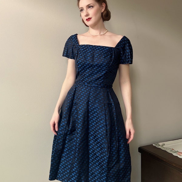 Early 1960s blue floral cocktail dress by Hannah Troy, size small