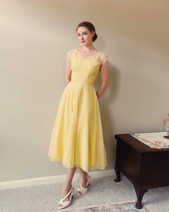 1940s sunshine yellow formal party dress with rhi… - image 1