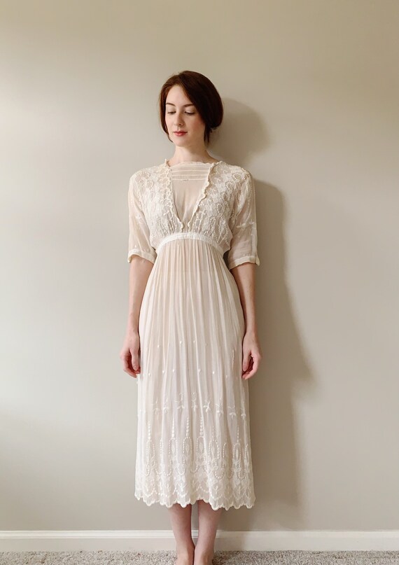 Antique Edwardian Tea Dress | Sheer White Cotton V