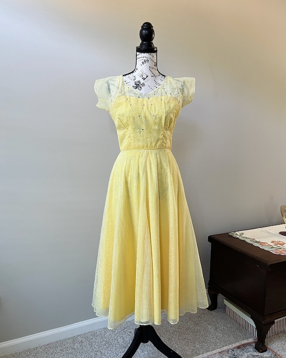1940s sunshine yellow formal party dress with rhi… - image 2