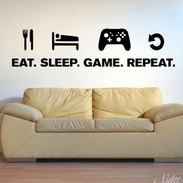 Eat Sleep Game Repeat Decal, Gaming Wall Decal,  Video Game Room Decor, Gift for Gamers