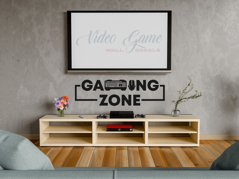 PC Gaming Zone Wall Decal, Computer Entertainment Room Decor, Keyboard Mouse, Gift for Gamers image 1