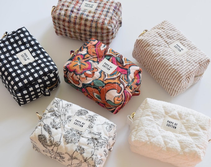 Mini Quilted Keychain Pouch, Mini Makeup Pouch, Boxy Zipper Pouch, Mini Cosmetic Pouch