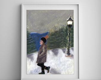 Girl on a Winter Walk Pastel Drawing