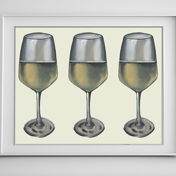 Classic White Wine Glasses Pastel Drawing