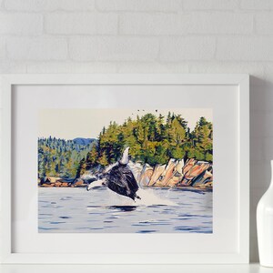 Breaching Humpback Whale Print "Flying High" of original gouache painting, wildlife nautical sea island coast ocean landscape wall art gift