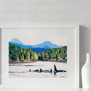 Orca Pod Whale Print "Family Outing" of original gouache painting, wildlife nautical sea coastal ocean mountain landscape wall art gift