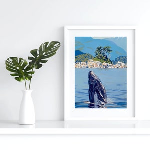 Breaching Humpback Whale Print "Out of the Blue" of original gouache painting, wildlife nautical sea coastal ocean landscape wall art gift