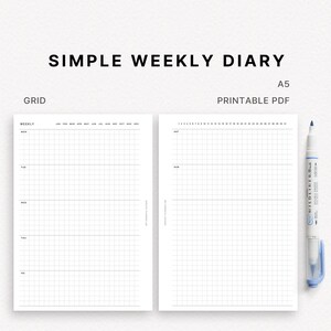 Simple Weekly Diary A5 Grid Printable Planner Insert WO2P Horizontal ...
