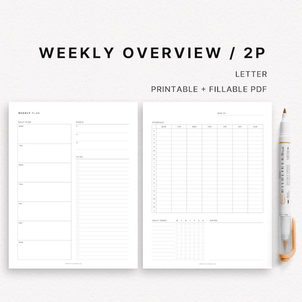 Weekly Overview | Letter | Printable Planner Insert | WO2P | Week on 2 pages | Schedule | Undated | with Fillable PDF