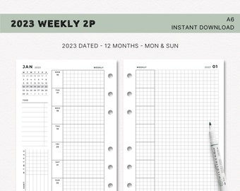 W002-A6 | 2023 Woche auf 2 Stück | Datierter Wochenplaner Einsatz mit Kalender, To-Do-Liste, Habit Tracker | Gitter | WO2P | Sofort Download