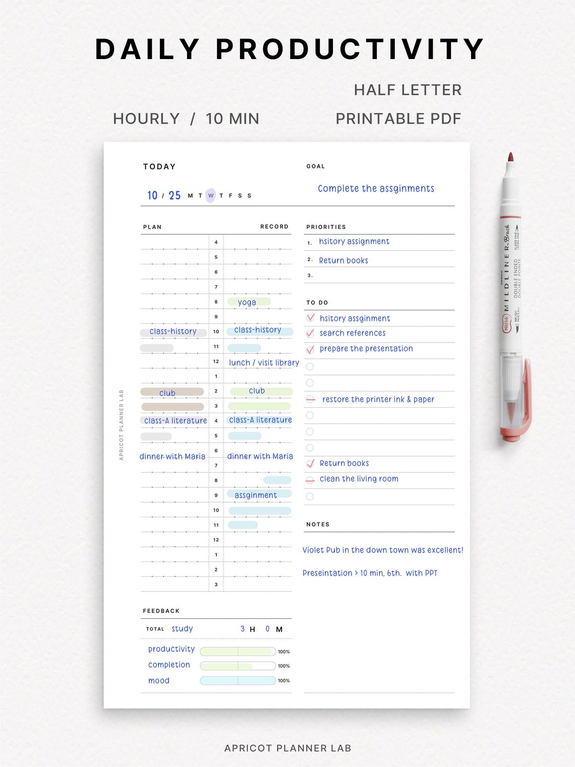 Daily Productivity Planner Half Letter Printable Daily Planner Insert ...