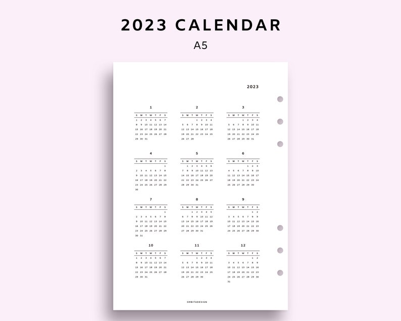 A5 Printable 2023 Calendar 1 Page Printable Yearly Planner Etsy