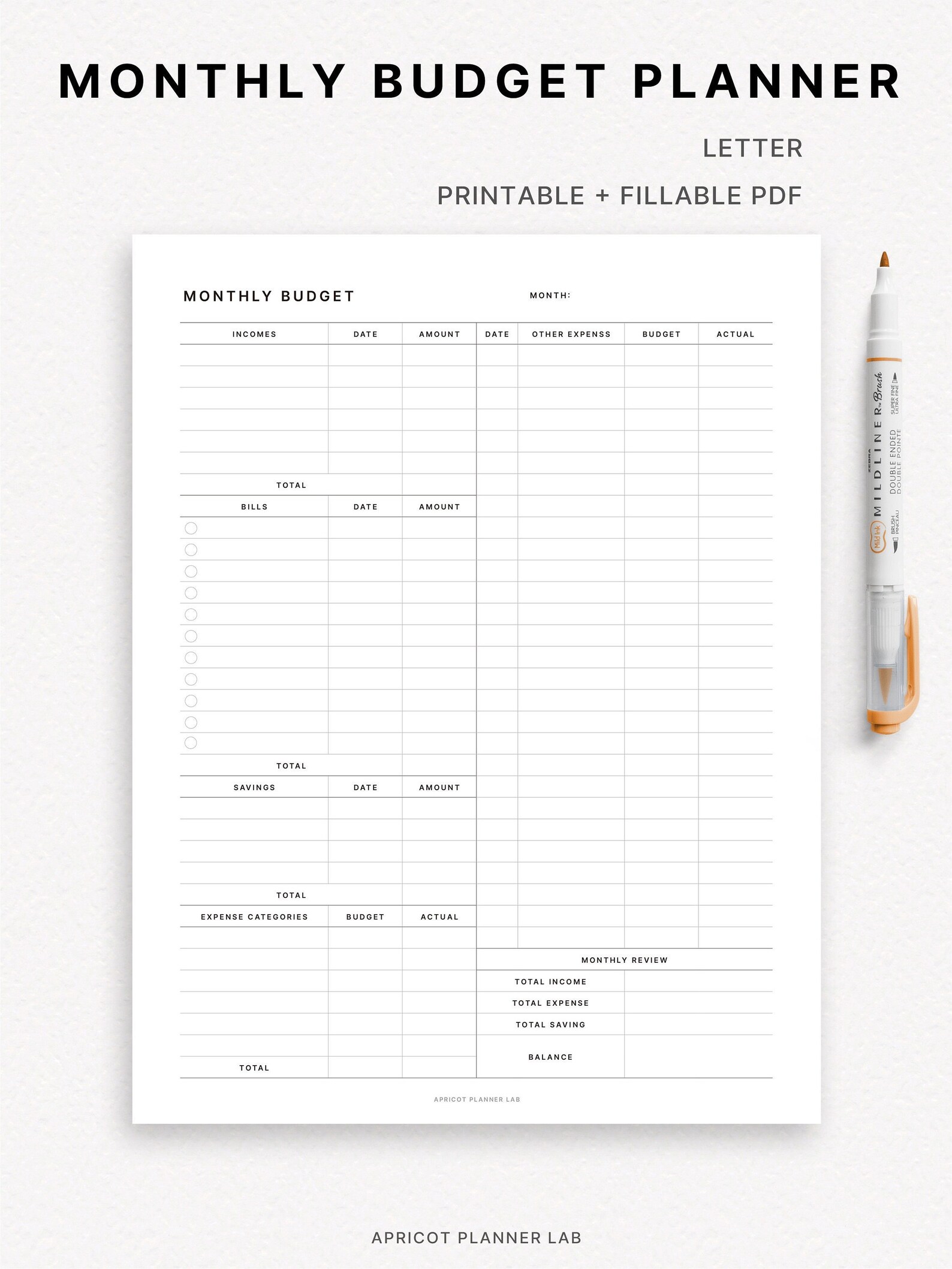 Monthly Budget Planner Letter Printable Planner Insert MO1P Expense ...