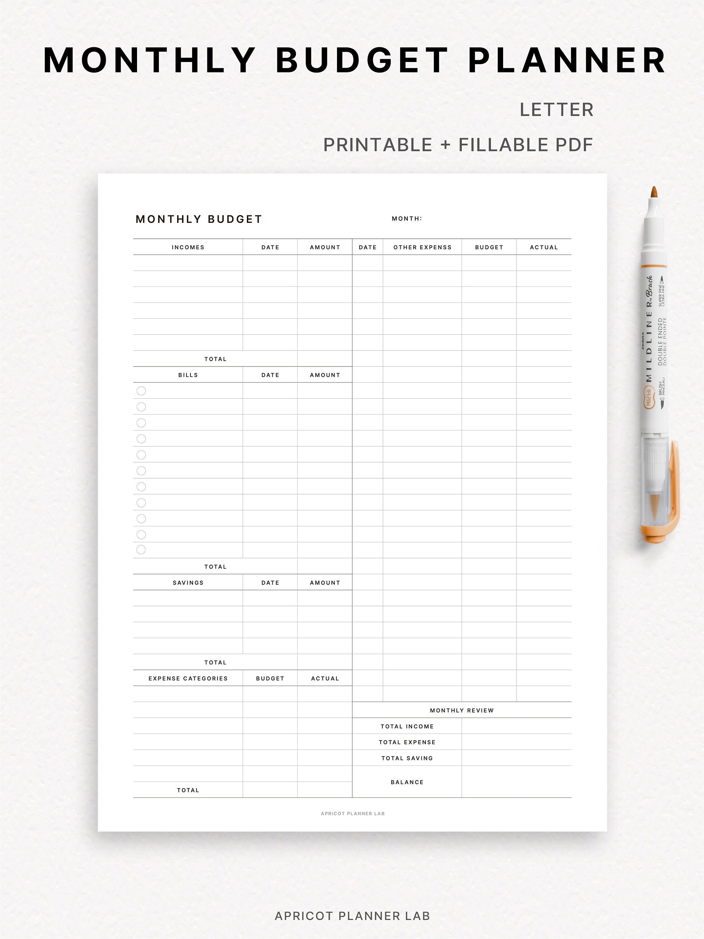 Monthly Budget Planner Letter Printable Planner Insert MO1P Expense ...