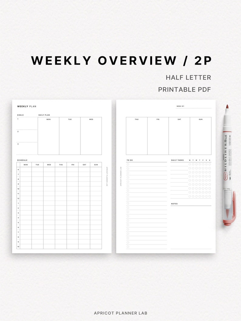Weekly Overview | Half Letter | Printable Planner Insert | WO2P | Week ...