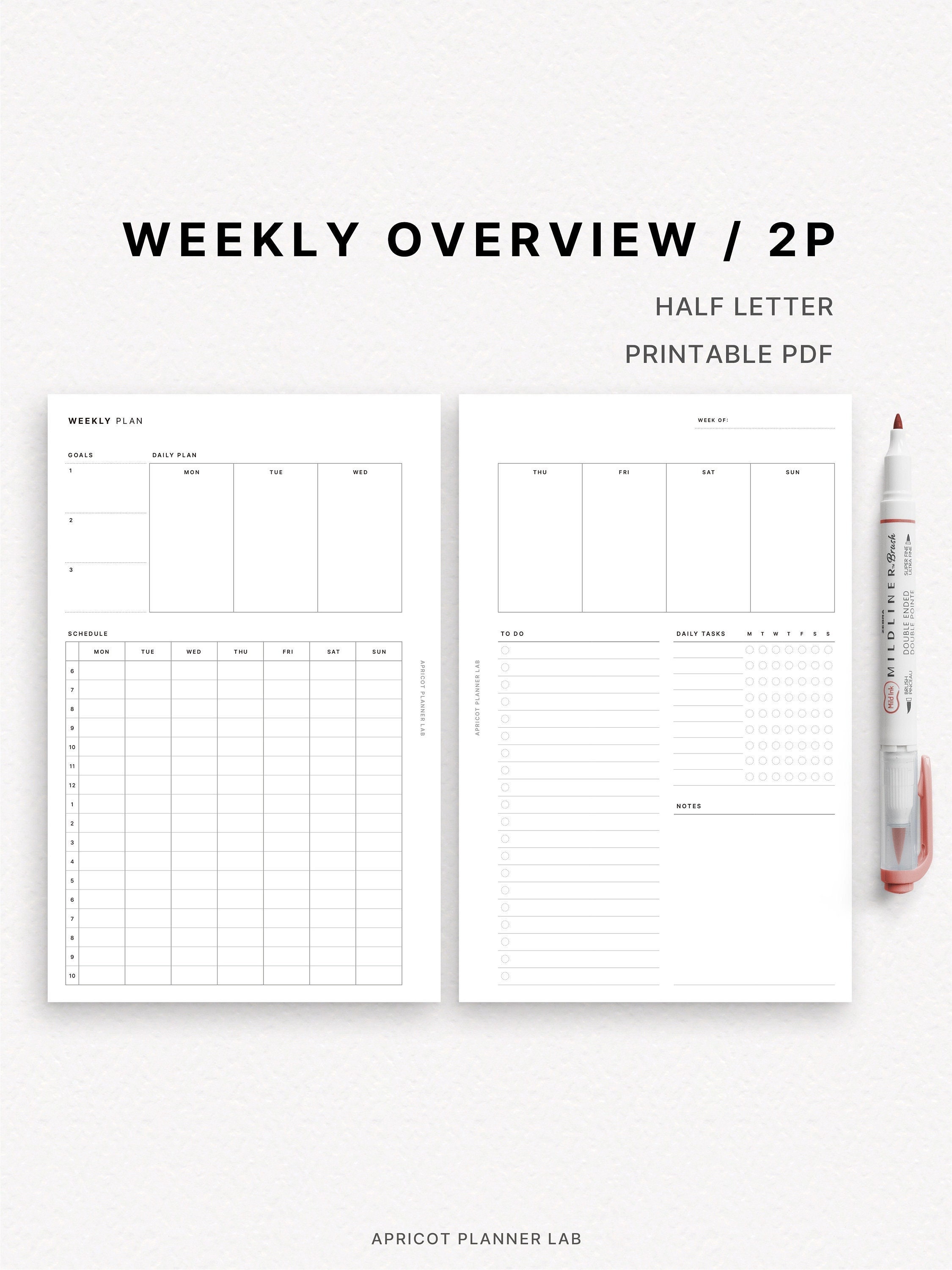 Weekly Overview | Half Letter | Printable Planner Insert | WO2P | Week ...