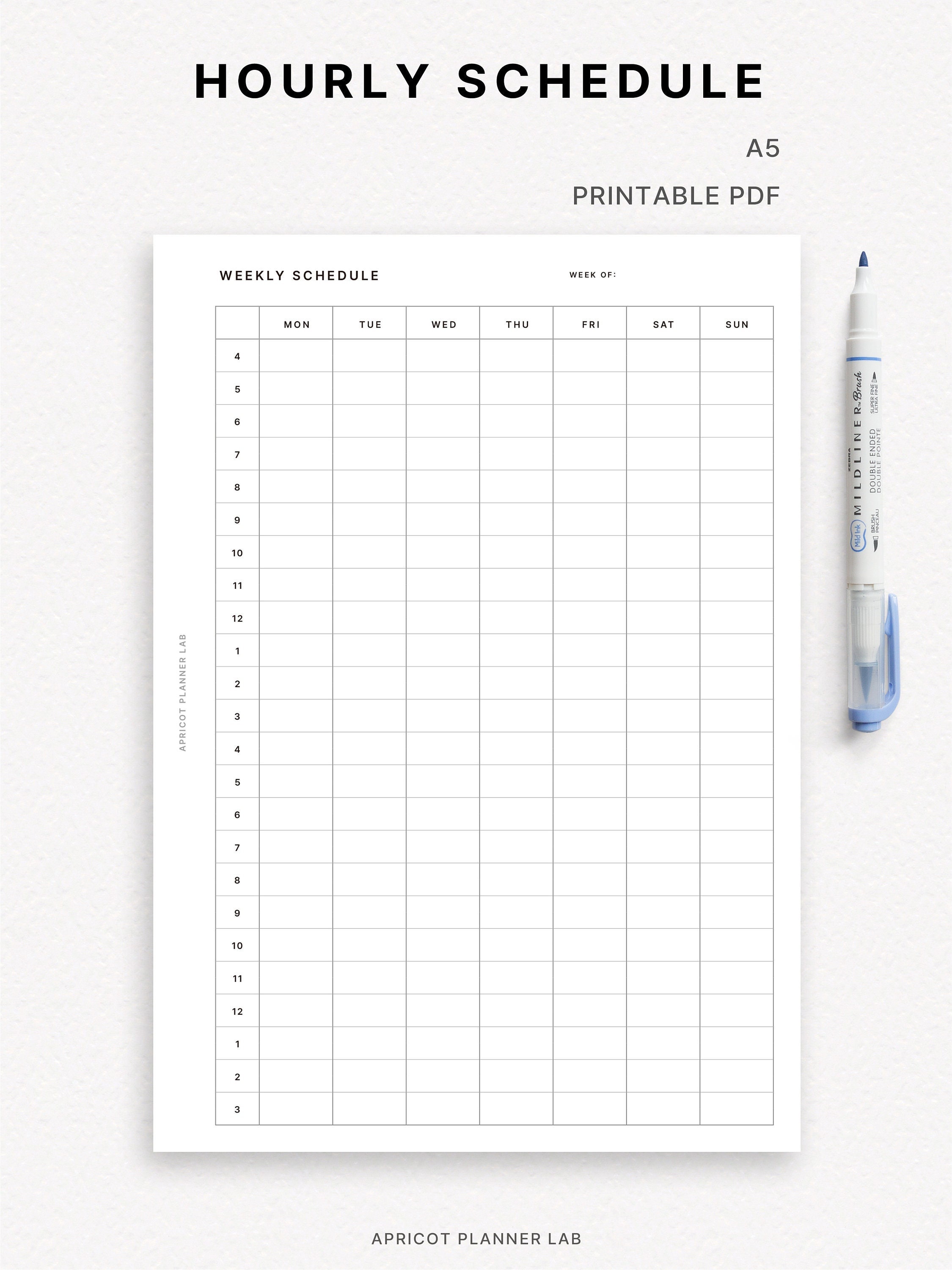 Hourly Schedule A5 Printable Weekly Planner Insert 24 Hours Weekly ...