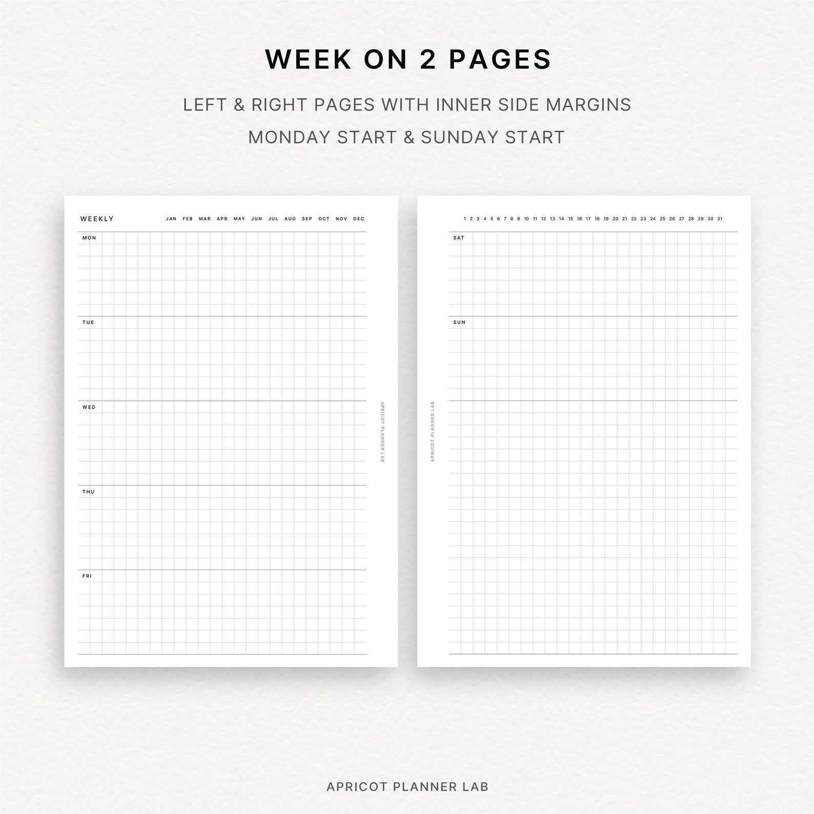 Simple Weekly Diary A5 Grid Printable Planner Insert WO2P Horizontal ...