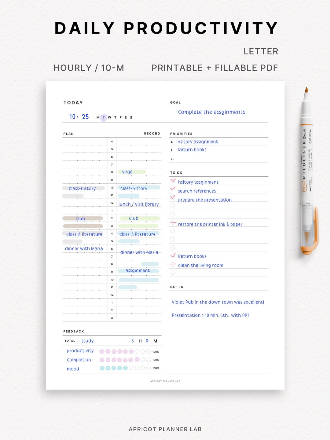 Daily Productivity Planner | Letter | Printable Daily Planner Insert ...