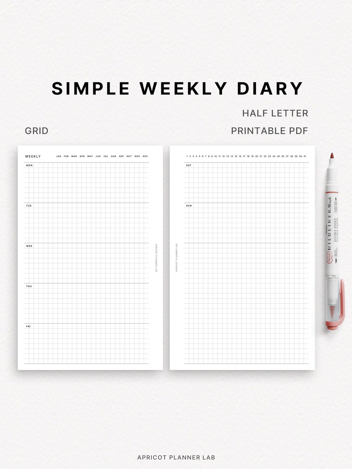 Simple Weekly Diary Half Letter Grid Printable Planner Insert WO2P
