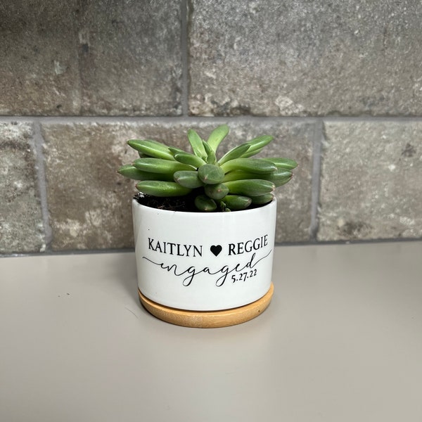 Personalized Planter Engagement Gift - 3" White Ceramic Pot w/ Bamboo Tray - Custom Succulent Pot - Newly Engaged Couple Gift