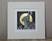 Hare and golden moon - original, hand painted, mounted linocut print