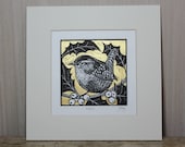 Wren, original, hand coloured, mounted lino print