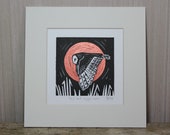 Owl and moon, original, hand coloured, mounted lino print