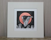 Owl and moon - original, hand painted, mounted linocut print of a barn owl by moonlight
