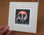 Badger and copper moon, original, hand coloured, mounted lino print