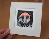 Badger by moonlight - original, hand painted, mounted linocut print