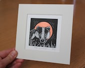 Badger and copper moon, original, hand coloured, mounted lino print