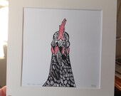 Att-hen-shun, original, hand coloured, mounted lino print