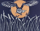 Night hunter - original, hand painted, mounted linocut print of a barn owl flying over reeds in the moonlight