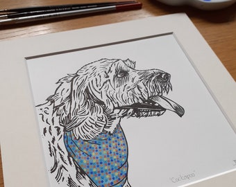 Cockapoo, original, hand coloured, mounted lino print