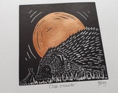 Hedgehog, slug and moon, original, hand coloured, mounted lino print