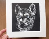 Blue eyes -  original, limited edition, hand painted, mounted linocut print of a young Husky cross