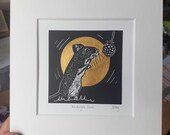 Midnight feast - original, hand painted, mounted linocut print of a wood mouse