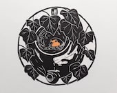 Teapot robin - original, hand painted, mounted linocut print of a robin nesting in an old teapot amongst the ivy