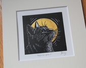 Moonlit prowl, cat and moon, original, hand coloured, mounted lino print