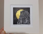 Night owl, original, hand coloured, mounted lino print