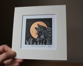 Fox and full moon, original, hand coloured, mounted lino print